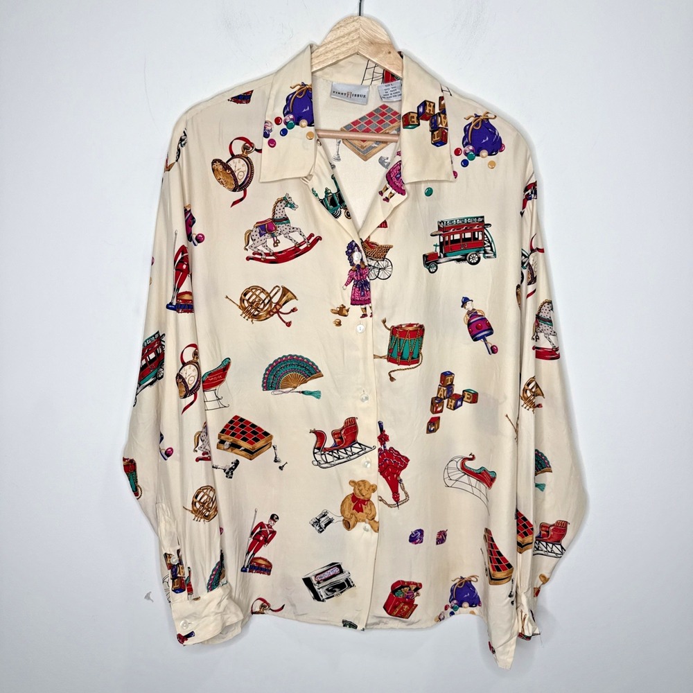 Vintage 90s 100% Silk Blouse Novelty Christmas Equestrian Twee Retro Loop AOP L
